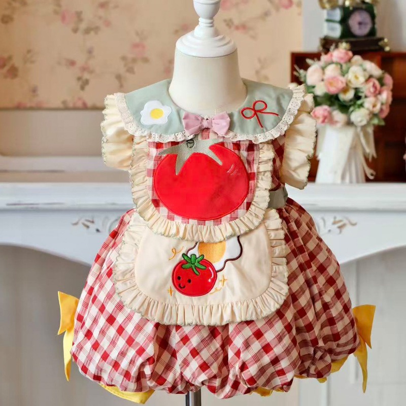 Embroidery Apron - 코티지코어 키즈 로리타 드레스 레드 체크