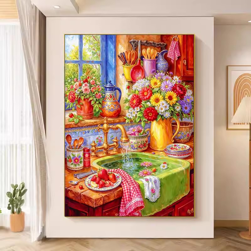 Embroidery Kitchen - 9ct 75x90cm 꽃 주방 자수 DIY