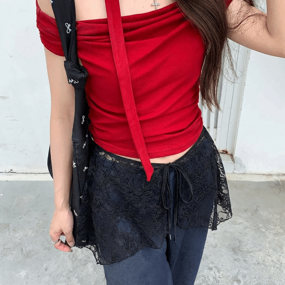 Embroidery Apron - 프렌치 레이싱 레이스 미니 스커트 불규칙한