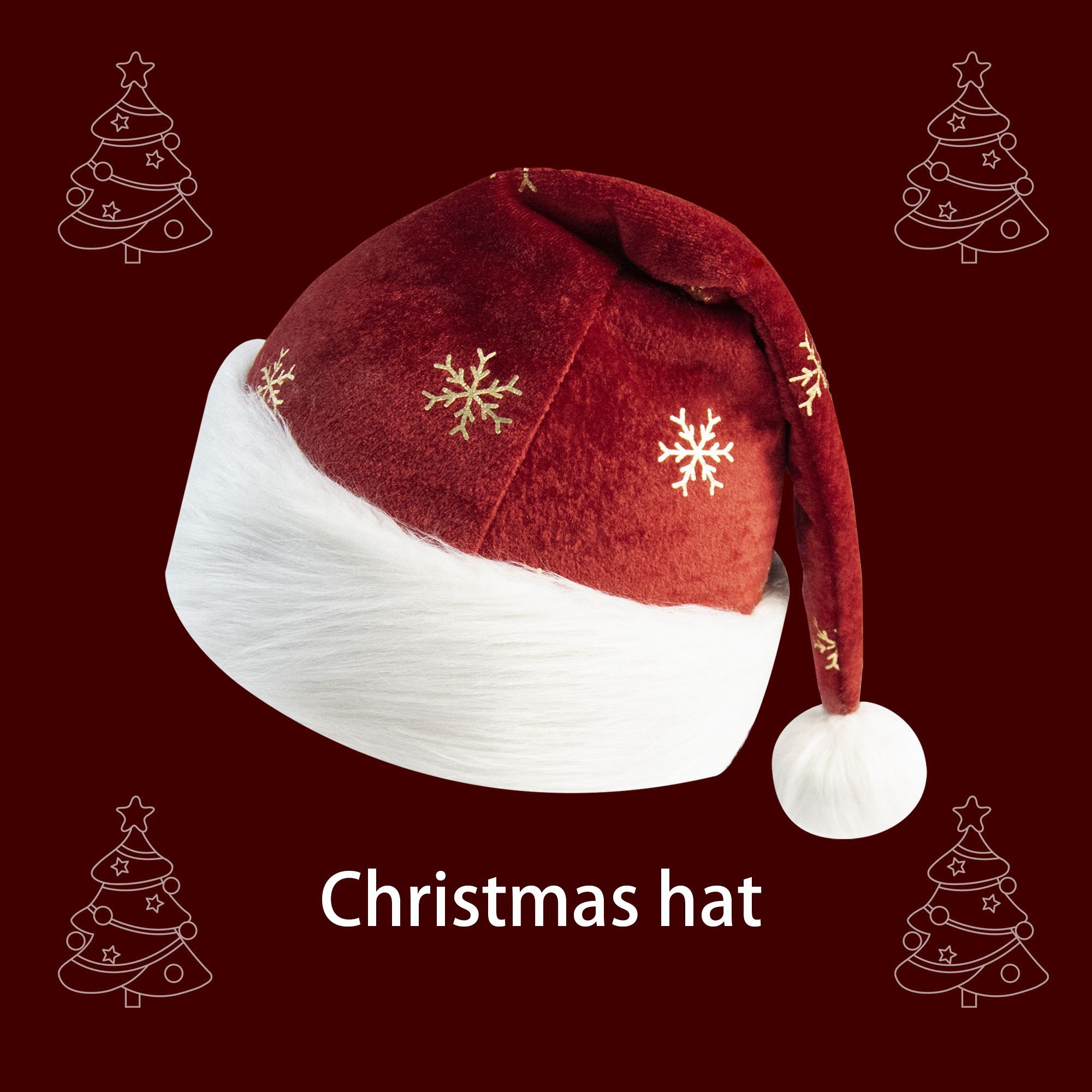 Embroidery Xmas Decorations - 크리스마스 모자 버건디 벨벳 골드 눈송이