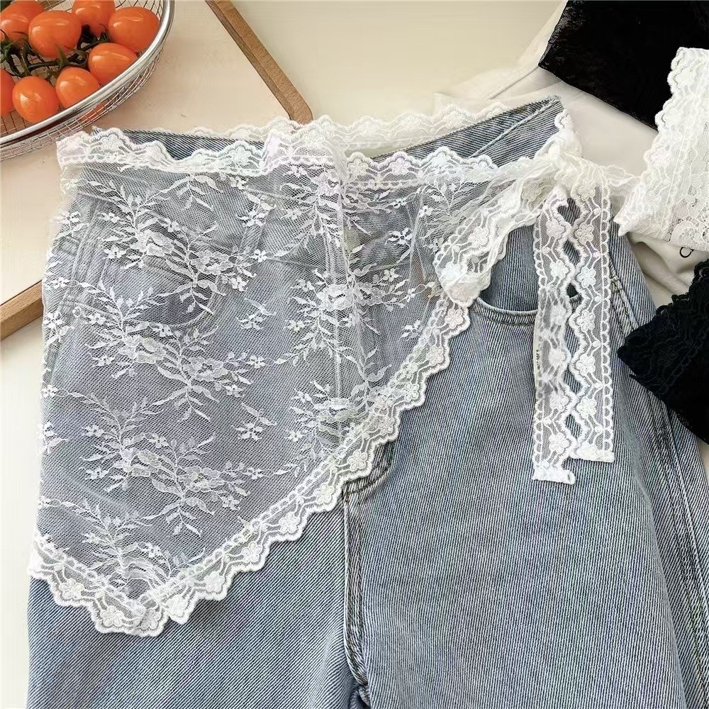 Embroidery Apron - 하라주쿠 Y2K 삼각형 앞치마 자수 꽃무늬