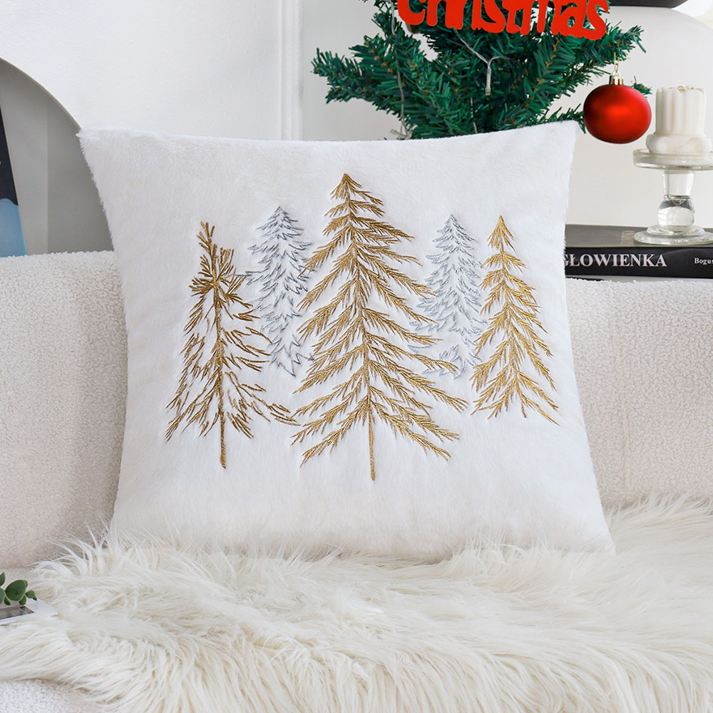 Embroidery Xmas Decorations - 크리스마스 인조 토끼털 베개 커버 45x45cm