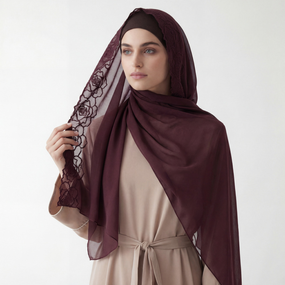 Embroidery Hijab - 퍼플 시폰 히잡 숄 여성 자수