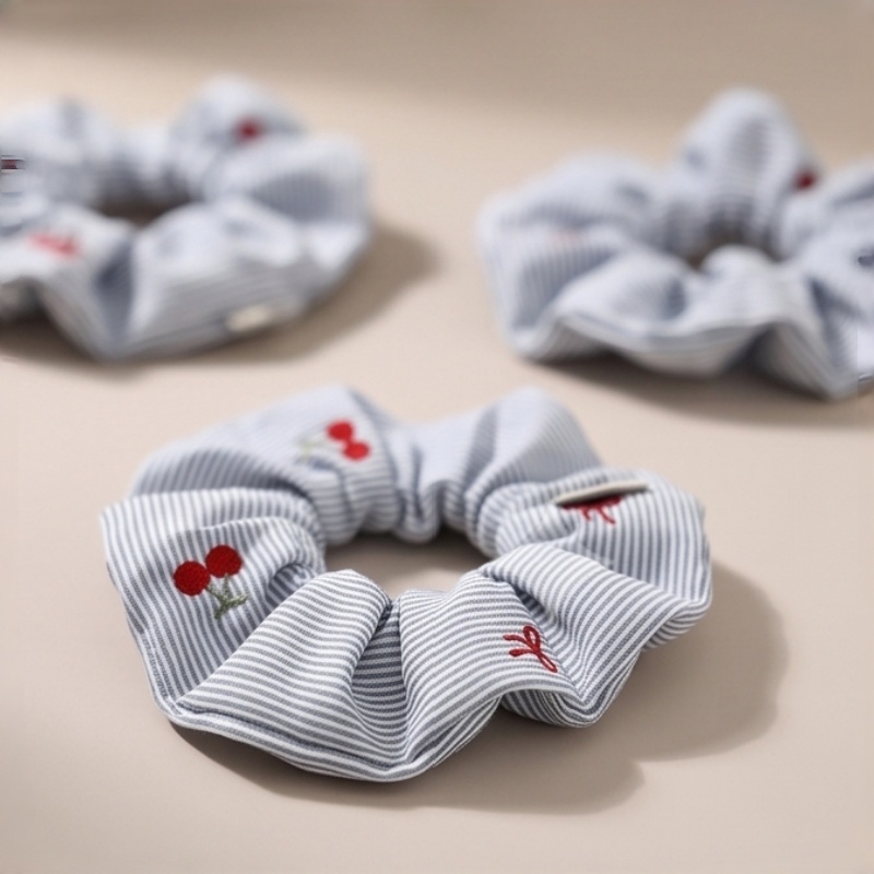 우아한 줄무늬 체리 자수 헤어 스크런치 부드러운 원단  - Embroidery Zone 리뷰 및 가격