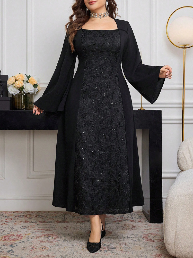 GIBSIE 플러스 사이즈 블랙 긴팔 패치워크 스팽글  - Embroidery Motif 리뷰 및 가격
