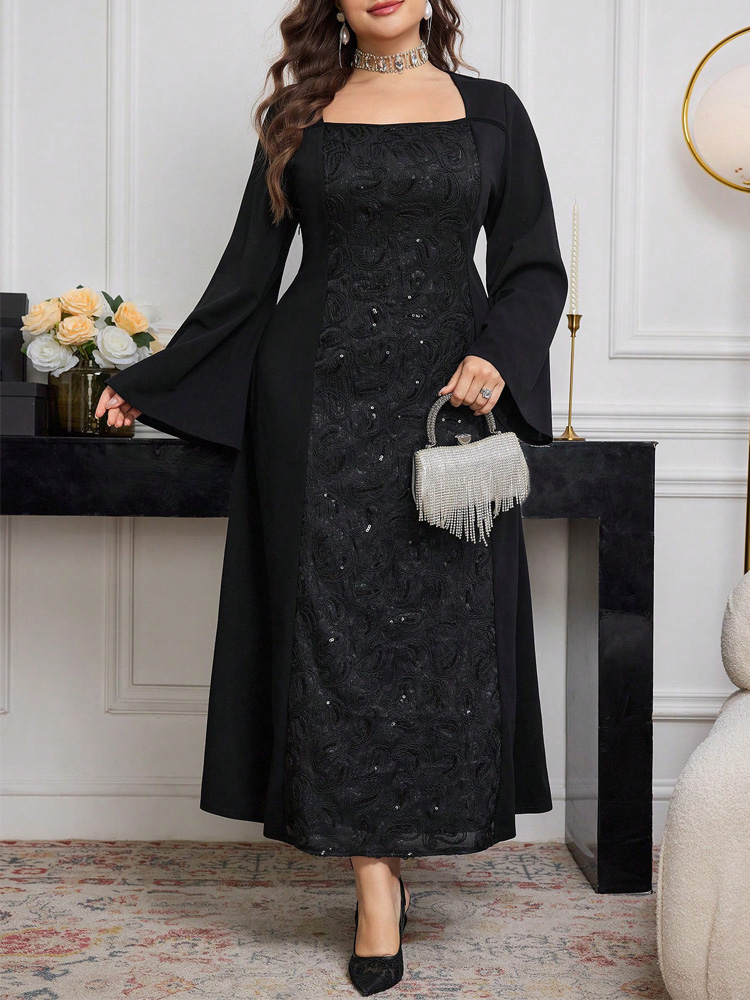 GIBSIE 플러스 사이즈 블랙 긴팔 패치워크 스팽글  - Embroidery Motif 리뷰 및 가격