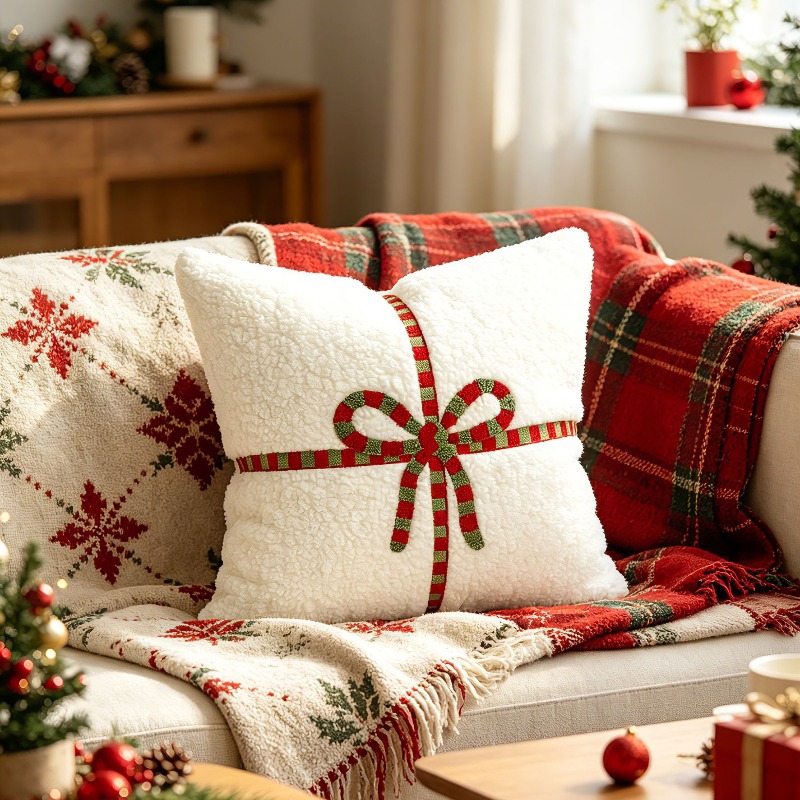 크리스마스 테디 플리스 쿠션 커버 선물용 리본 자수 사 - Embroidery Xmas Decorations 리뷰 및 가격