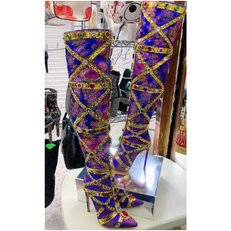 멀티컬러 젬스톤 골드 트림 스티치 스틸레토 허벅지 부츠 - Embroidery Stitches 리뷰 및 가격