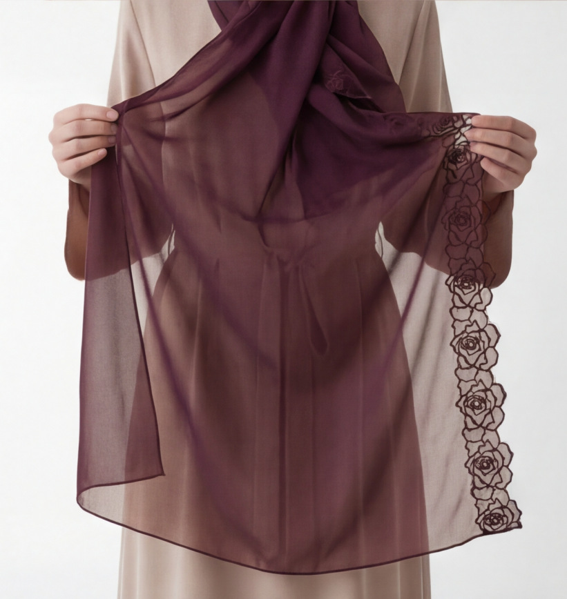 퍼플 시폰 히잡 숄 여성 자수 무슬림 스카프 솔리드 헤 - Embroidery Hijab 리뷰 및 가격