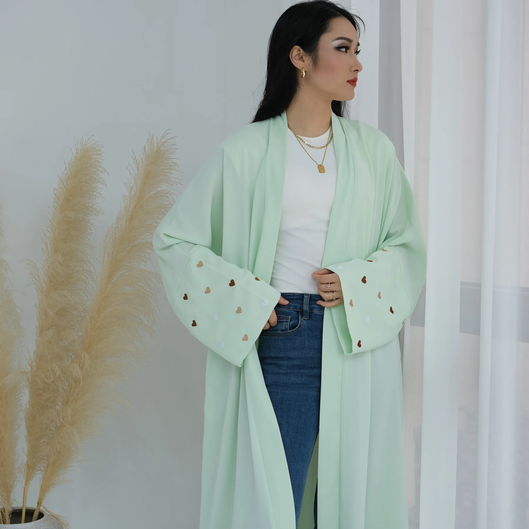 이드 하트 자수 롱 로브 두바이 아바야 터키 카프탄 여 - Embroidery Kebaya 리뷰 및 가격